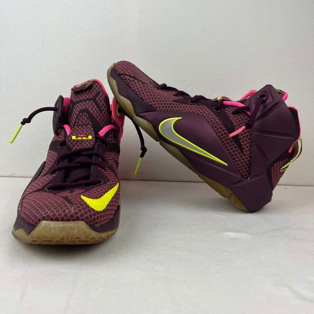 GUC Nike LeBron 12 Double Helix Basketball Shoes Maroon Pink Volt Boys Size 5Y